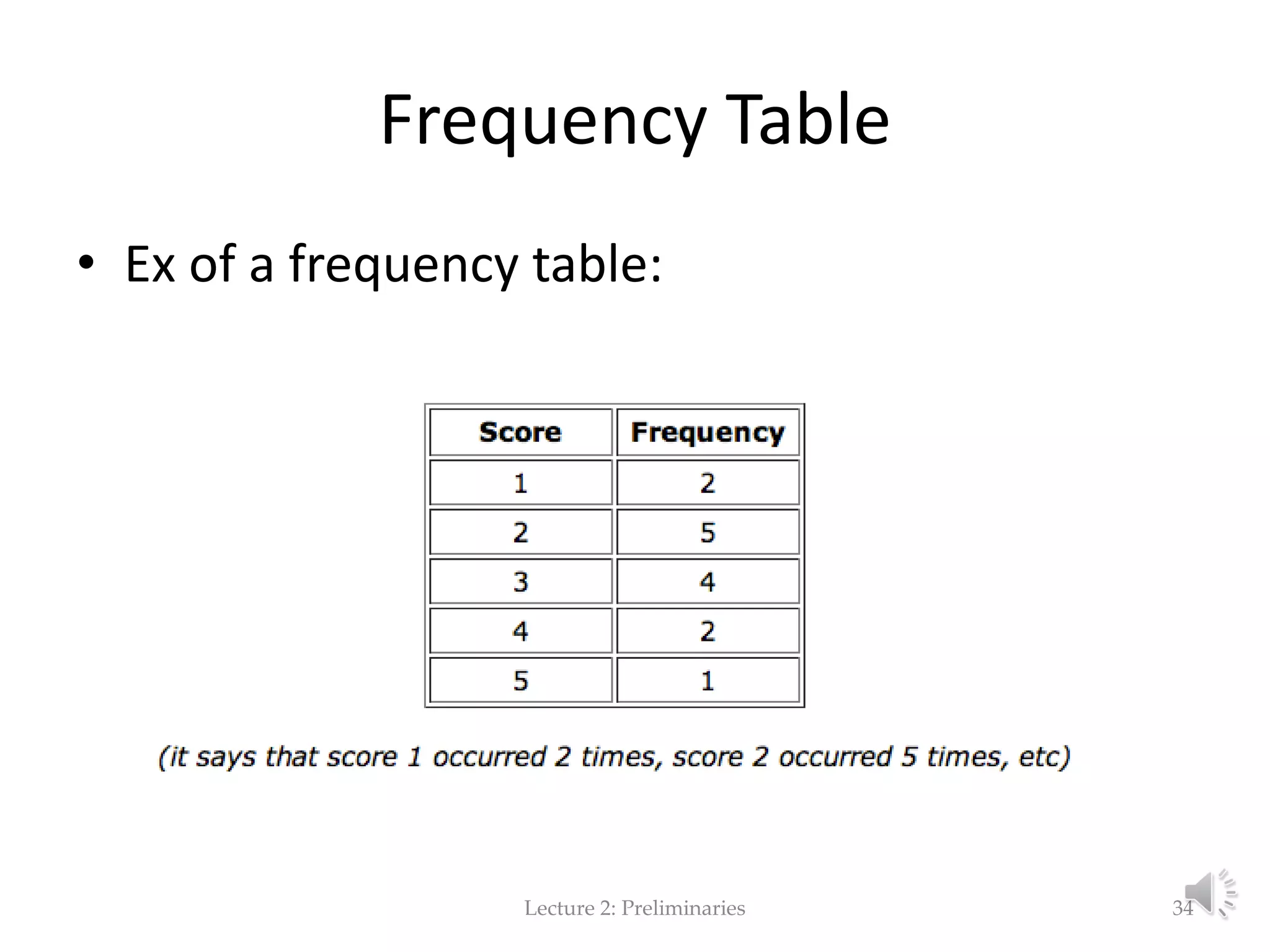 Frequency Table • Ex of a frequency table: Lecture 2: Preliminaries 34 