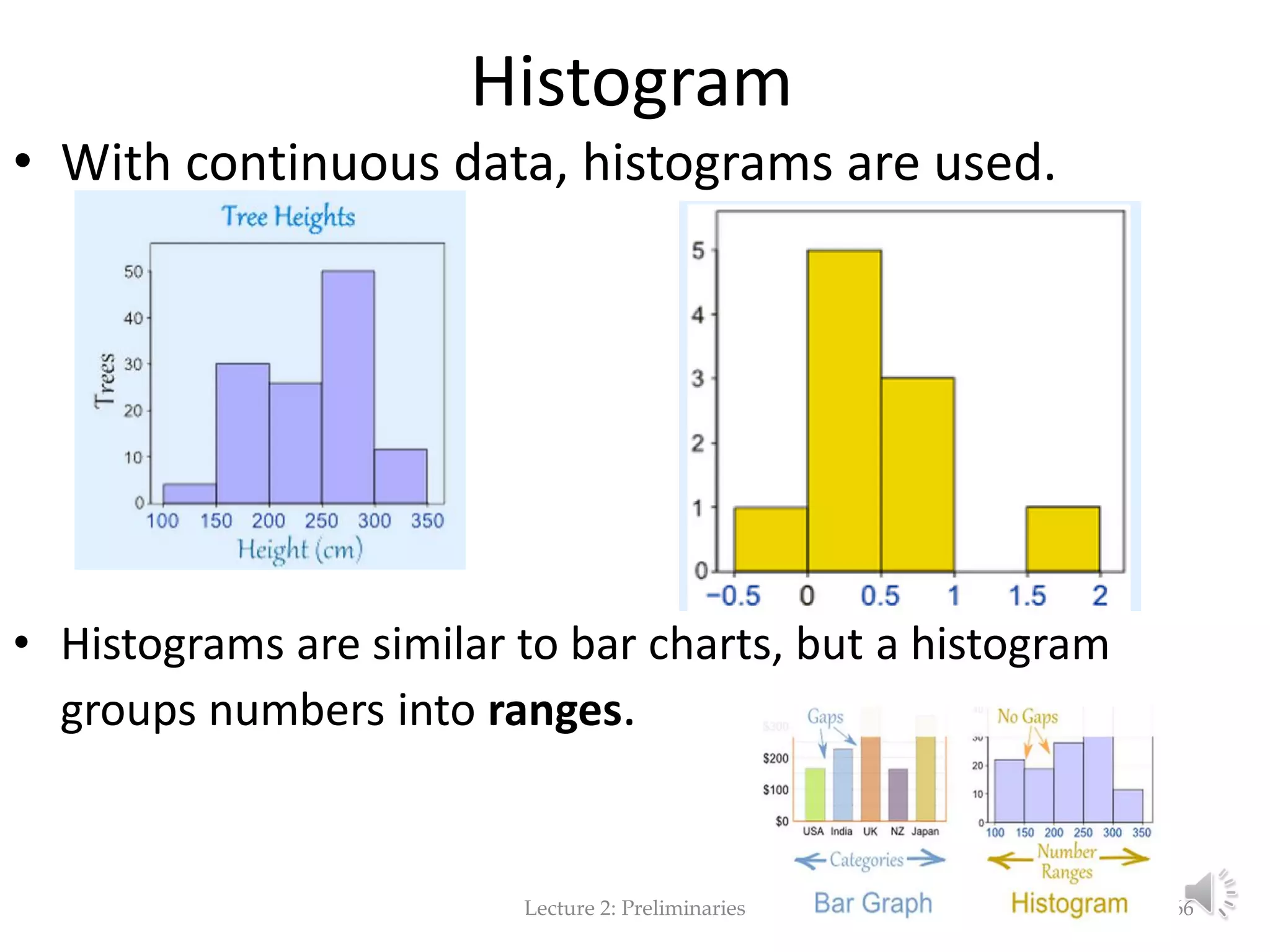 Histogram • With continuous data, histograms are used. • Histograms are similar to bar charts, but a histogram groups numbers into ranges. Lecture 2: Preliminaries 66 