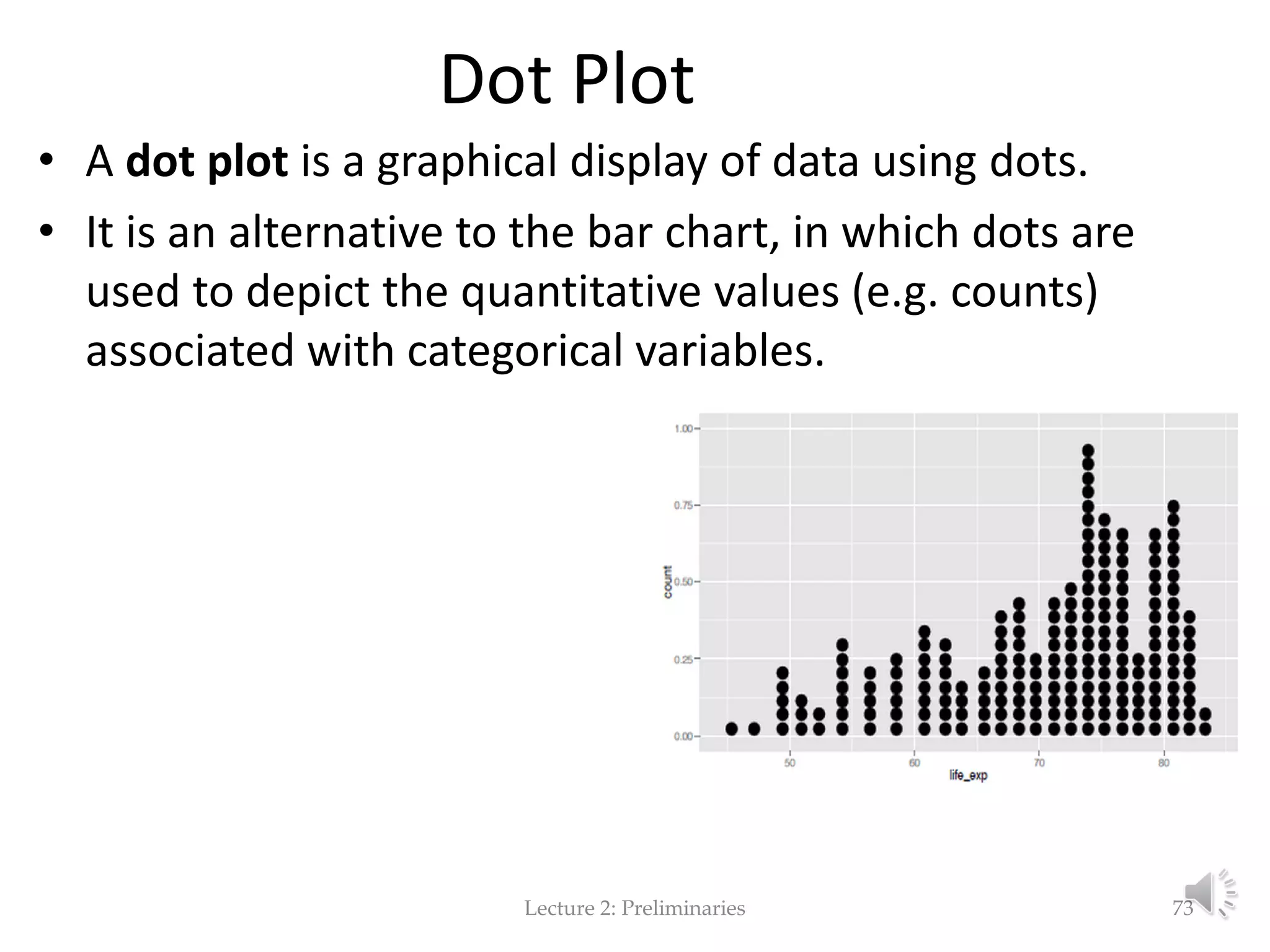Dot Plot • A dot plot is a graphical display of data using dots. • It is an alternative to the bar chart, in which dots are used to depict the quantitative values (e.g. counts) associated with categorical variables. Lecture 2: Preliminaries 73 