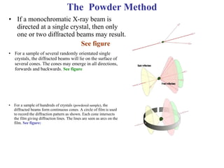 • If a monochromatic X-ray beam is
directed at a single crystal, then only
one or two diffracted beams may result.
See figure
• For a sample of several randomly orientated single
crystals, the diffracted beams will lie on the surface of
several cones. The cones may emerge in all directions,
forwards and backwards. See figure
• For a sample of hundreds of crystals (powdered sample), the
diffracted beams form continuous cones. A circle of film is used
to record the diffraction pattern as shown. Each cone intersects
the film giving diffraction lines. The lines are seen as arcs on the
film. See figure:
The Powder Method
 