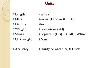UnitsUnits
Length metres
Mass tonnes (1 tonne = 103
kg)
Density t/m3
Weight kilonewtons (kN)
Stress kilopascals (kPa) 1 kPa= 1 kN/m2
Unit weight kN/m3
Accuracy Density of water, ρw = 1 t/m3
 