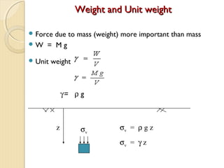Weight and Unit weightWeight and Unit weight
 Force due to mass (weight) more important than mass
 W = M g
 Unit weight
γ = ρ g
σv
z σv = ρ g z
σv = γ z
 