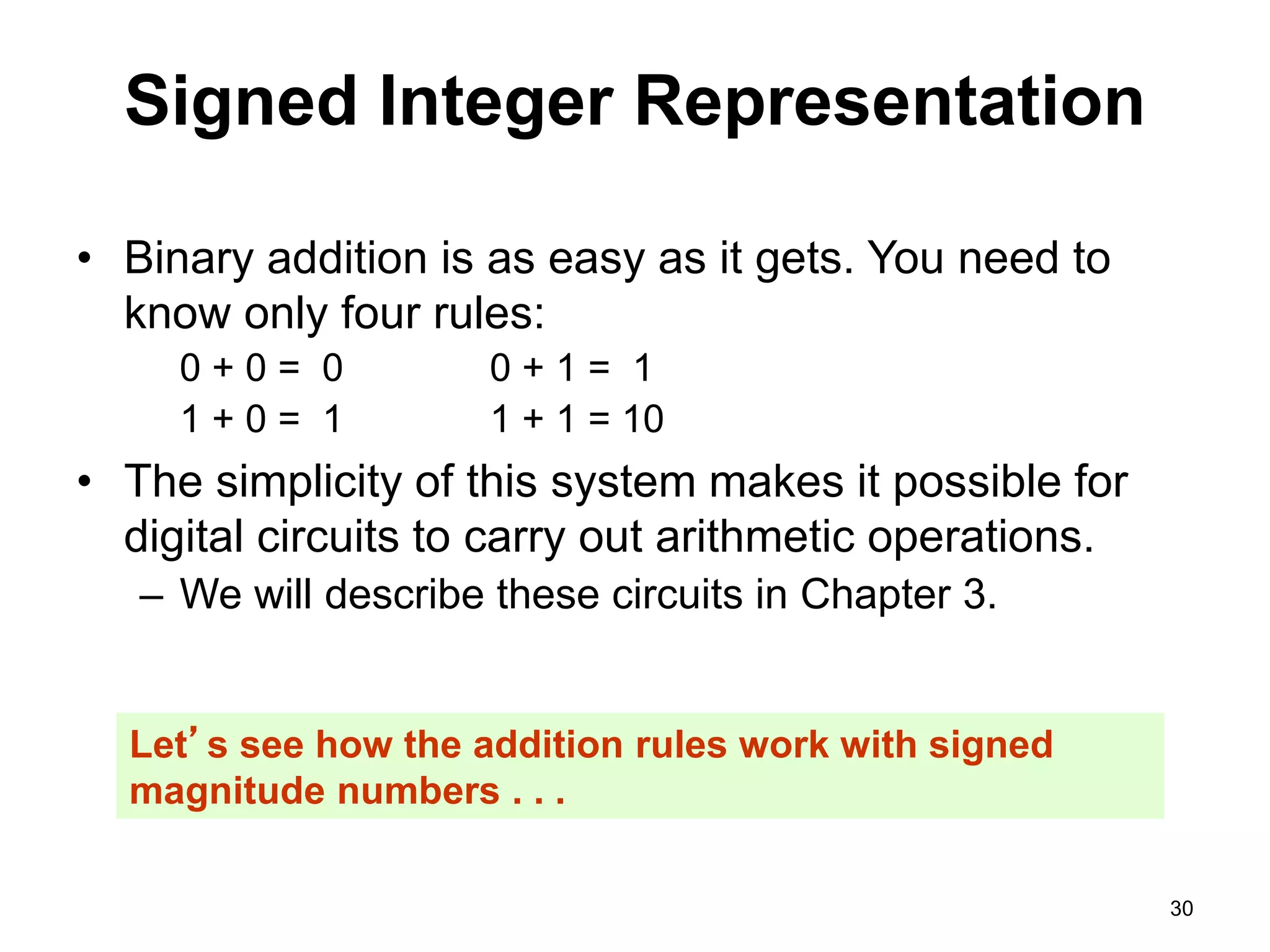 Signed Integer Representation 
• Binary addition is as easy as it gets. You need to 
know only four rules: 
0 + 0 = 0 0 + 1 = 1 
1 + 0 = 1 1 + 1 = 10 
• The simplicity of this system makes it possible for 
digital circuits to carry out arithmetic operations. 
– We will describe these circuits in Chapter 3. 
30 
Let’s see how the addition rules work with signed 
magnitude numbers . . . 
 