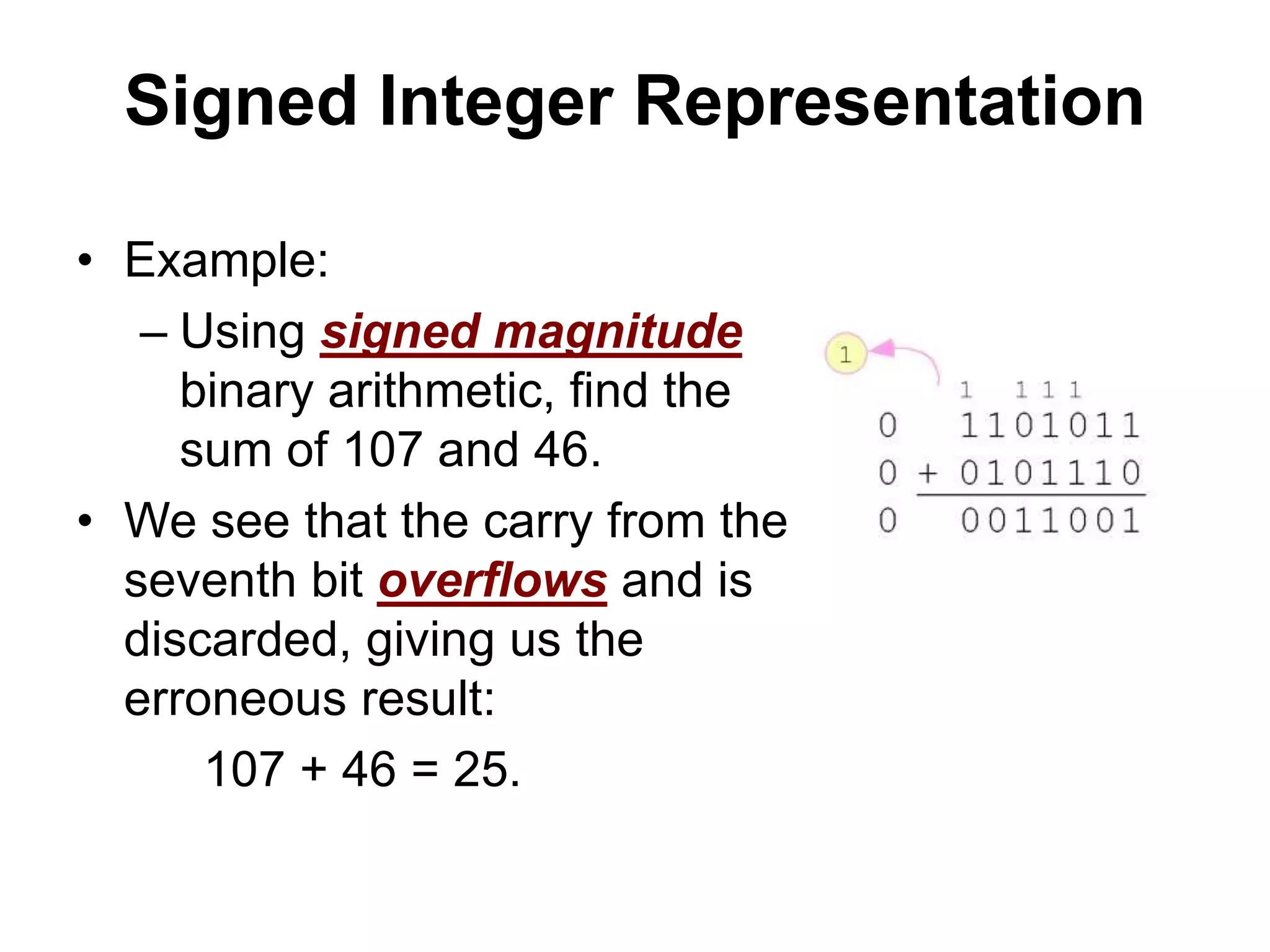 Signed Integer Representation 
• Example: 
– Using signed magnitude 
binary arithmetic, find the 
sum of 107 and 46. 
• We see that the carry from the 
seventh bit overflows and is 
discarded, giving us the 
erroneous result: 
107 + 46 = 25. 
 