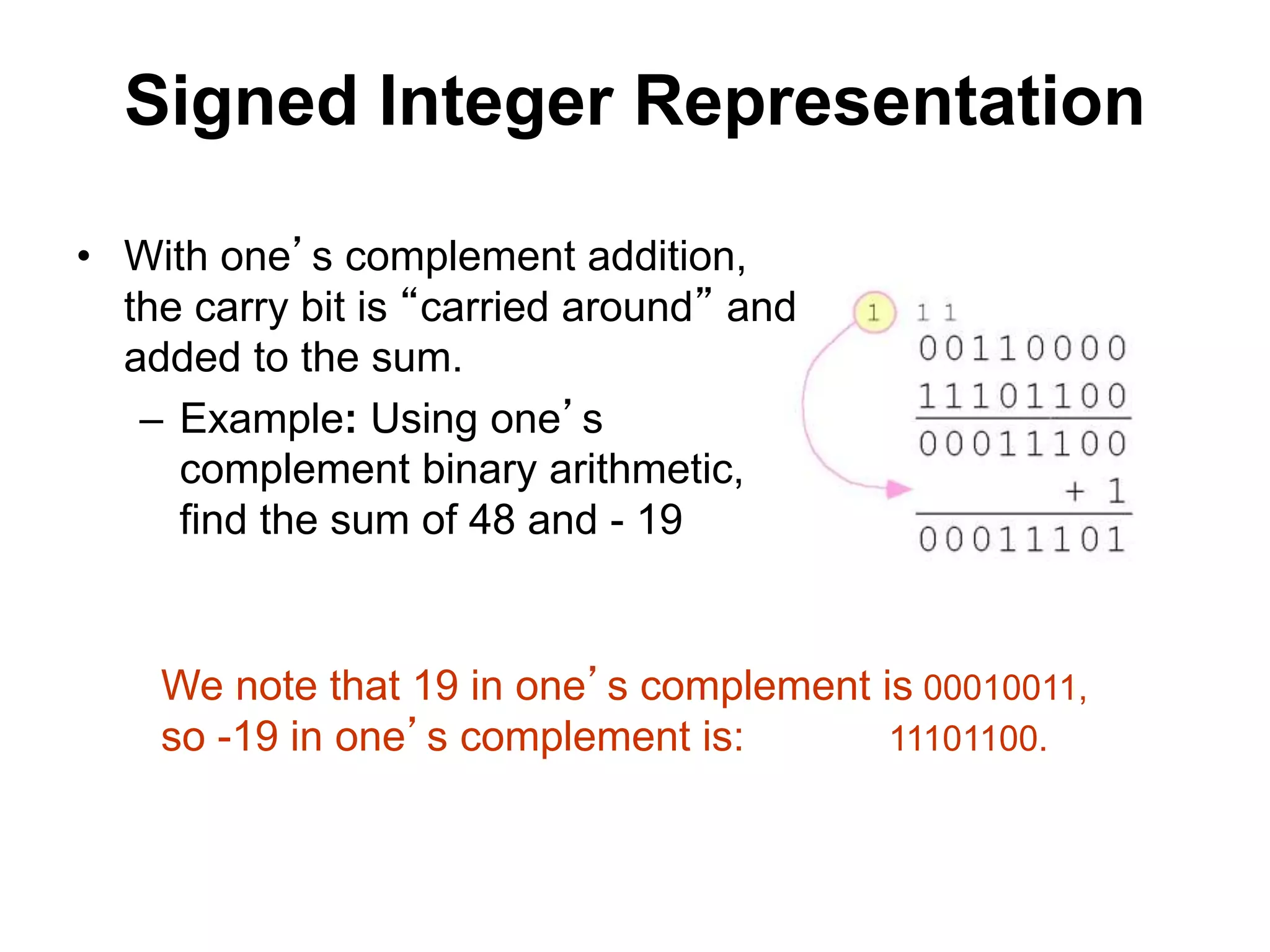 Signed Integer Representation 
• With one’s complement addition, 
the carry bit is “carried around” and 
added to the sum. 
– Example: Using one’s 
complement binary arithmetic, 
find the sum of 48 and - 19 
We note that 19 in one’s complement is 00010011, 
so -19 in one’s complement is: 11101100. 
 