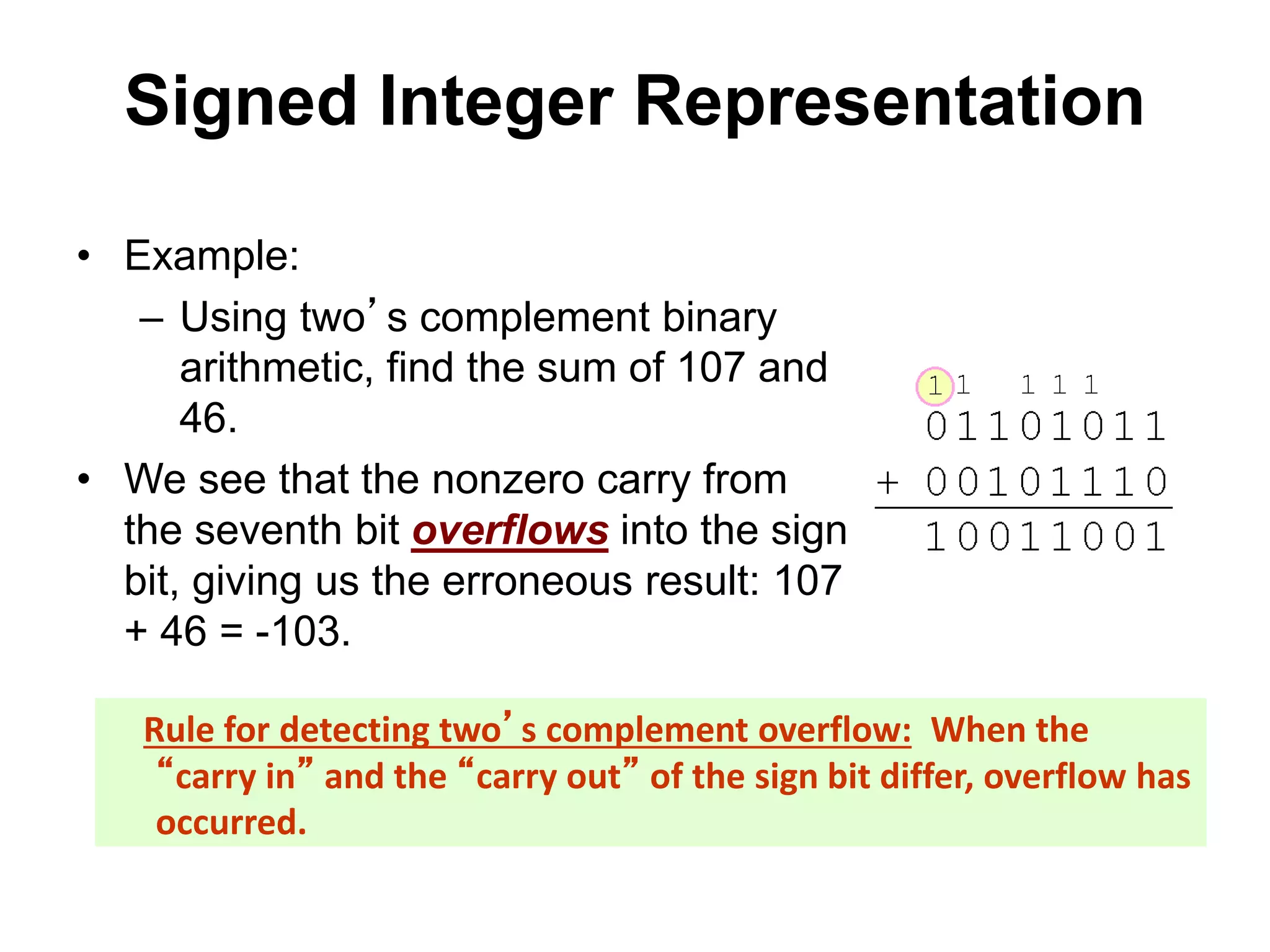 Signed Integer Representation 
• Example: 
– Using two’s complement binary 
arithmetic, find the sum of 107 and 
46. 
• We see that the nonzero carry from 
the seventh bit overflows into the sign 
bit, giving us the erroneous result: 107 
+ 46 = -103. 
Rule for detecting two’s complement overflow: When the 
“carry in” and the “carry out” of the sign bit differ, overflow has 
occurred. 
 