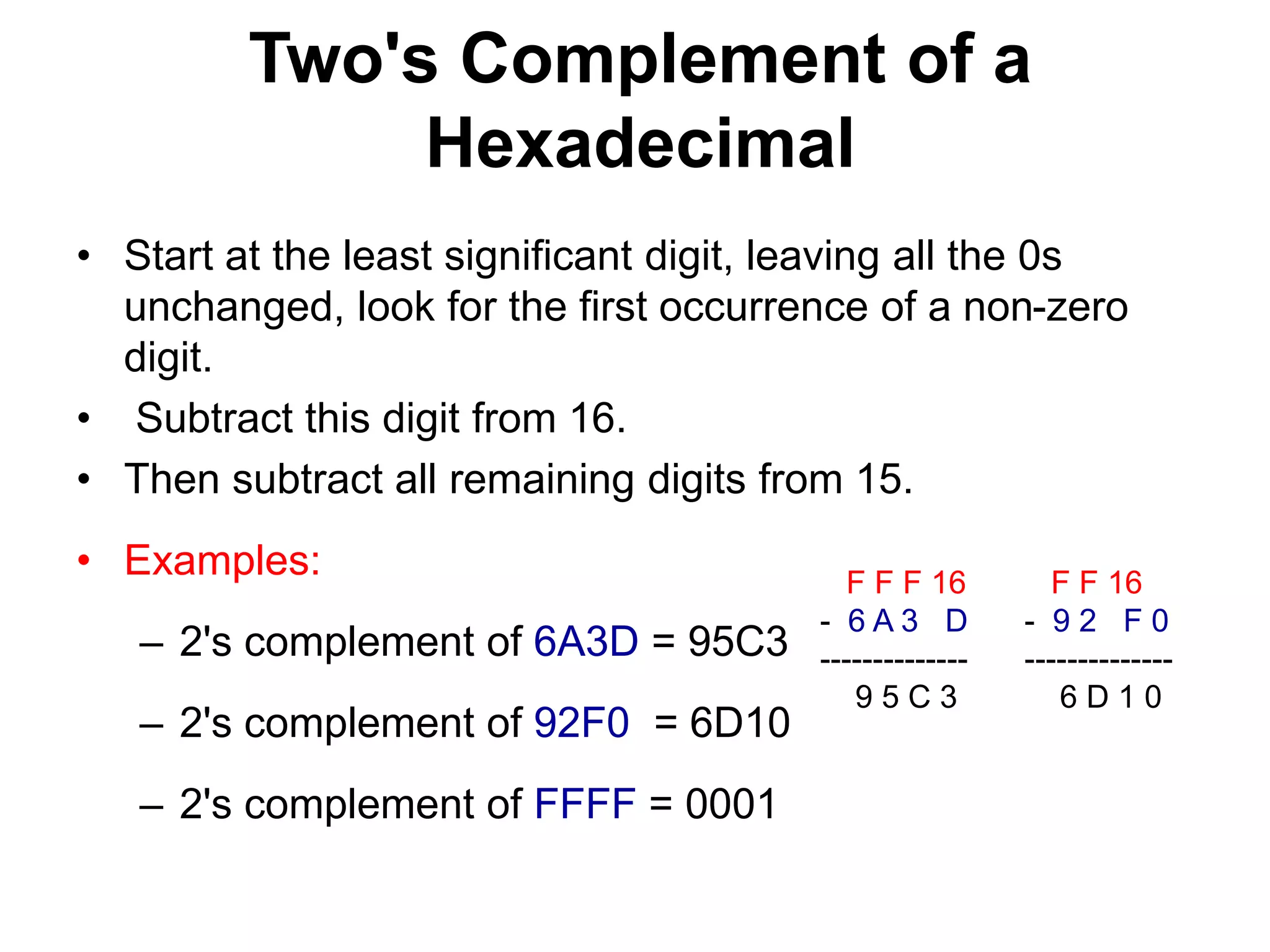 Two's Complement of a 
Hexadecimal 
• Start at the least significant digit, leaving all the 0s 
unchanged, look for the first occurrence of a non-zero 
digit. 
• Subtract this digit from 16. 
• Then subtract all remaining digits from 15. 
• Examples: 
– 2's complement of 6A3D = 95C3 
– 2's complement of 92F0 = 6D10 
– 2's complement of FFFF = 0001 
F F F 16 
- 6 A 3 D 
-------------- 
9 5 C 3 
F F 16 
- 9 2 F 0 
-------------- 
6 D 1 0 
 
