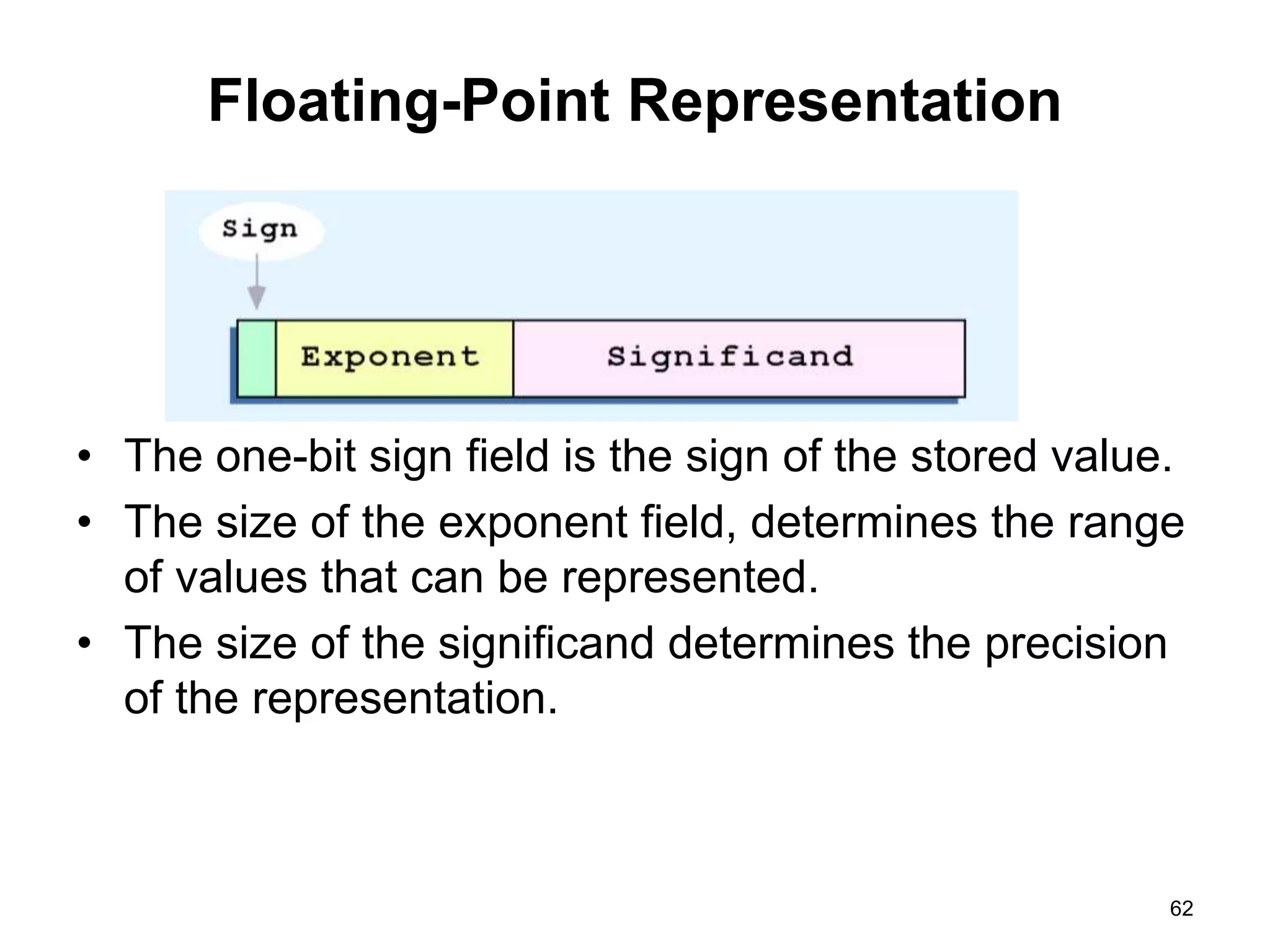 Floating-Point Representation 
• The one-bit sign field is the sign of the stored value. 
• The size of the exponent field, determines the range 
of values that can be represented. 
• The size of the significand determines the precision 
of the representation. 
62 
 
