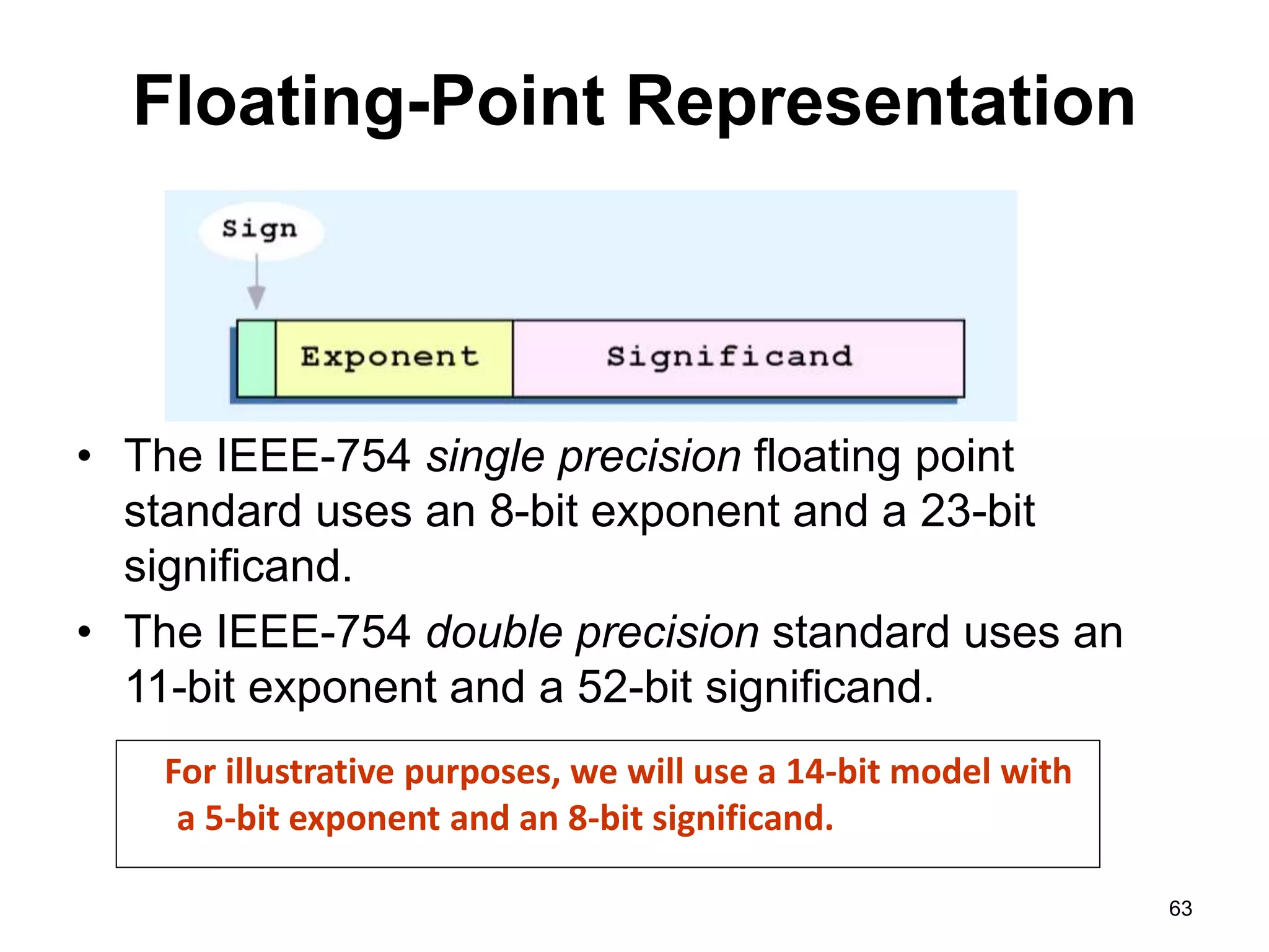 Floating-Point Representation 
• The IEEE-754 single precision floating point 
standard uses an 8-bit exponent and a 23-bit 
significand. 
• The IEEE-754 double precision standard uses an 
11-bit exponent and a 52-bit significand. 
63 
For illustrative purposes, we will use a 14-bit model with 
a 5-bit exponent and an 8-bit significand. 
 