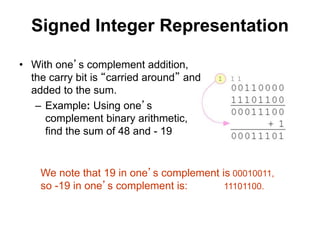 Signed Integer Representation 
• With one’s complement addition, 
the carry bit is “carried around” and 
added to the sum. 
– Example: Using one’s 
complement binary arithmetic, 
find the sum of 48 and - 19 
We note that 19 in one’s complement is 00010011, 
so -19 in one’s complement is: 11101100. 
 