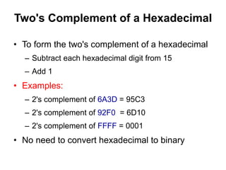 Two's Complement of a Hexadecimal 
• To form the two's complement of a hexadecimal 
– Subtract each hexadecimal digit from 15 
– Add 1 
• Examples: 
– 2's complement of 6A3D = 95C3 
– 2's complement of 92F0 = 6D10 
– 2's complement of FFFF = 0001 
• No need to convert hexadecimal to binary 
 