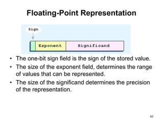 Floating-Point Representation 
• The one-bit sign field is the sign of the stored value. 
• The size of the exponent field, determines the range 
of values that can be represented. 
• The size of the significand determines the precision 
of the representation. 
62 
 