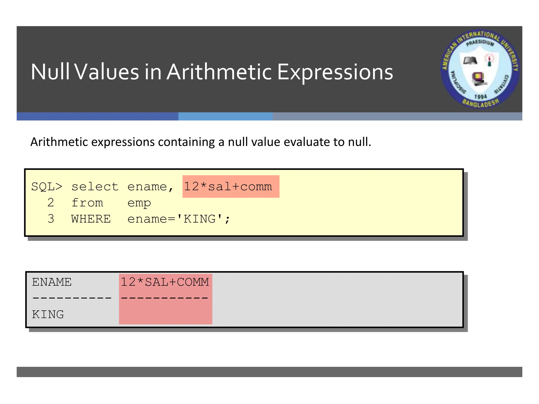 NullValues in Arithmetic Expressions
Arithmetic expressions containing a null value evaluate to null.
SQL> select ename, 12*sal+comm
2 from emp
3 WHERE ename='KING';
ENAME 12*SAL+COMM
---------- -----------
KING
 