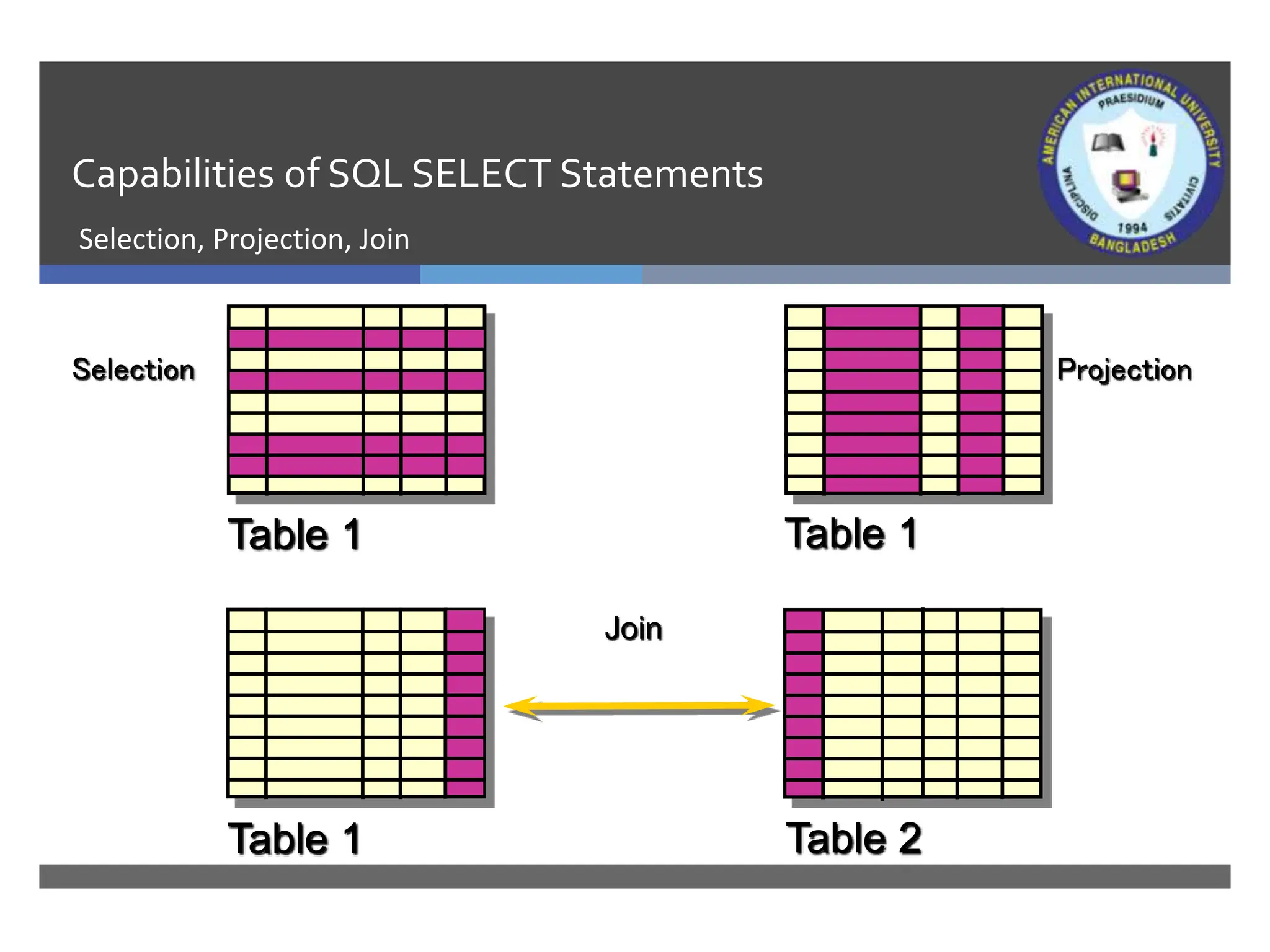 Capabilities of SQL SELECT Statements
Selection, Projection, Join
Table 1 Table 2
Table 1 Table 1
Join
Selection Projection
 