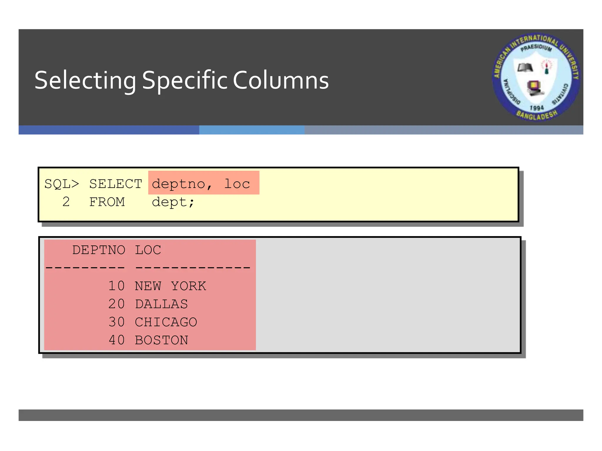 Selecting SpecificColumns
DEPTNO LOC
--------- -------------
10 NEW YORK
20 DALLAS
30 CHICAGO
40 BOSTON
SQL> SELECT deptno, loc
2 FROM dept;
 