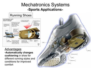 -Sports Applications-
Advantages
•Automatically changes
cushioning in shoe for
different running styles and
conditions for improved
comfort
Running Shoes
Mechatronics Systems
 