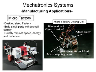 •Desktop sized Factory
•Build small parts with a small
factory
•Greatly reduces space, energy,
and materials
Mechatronics Systems
-Manufacturing Applications-
Micro Factory
Micro Factory Drilling Unit
 