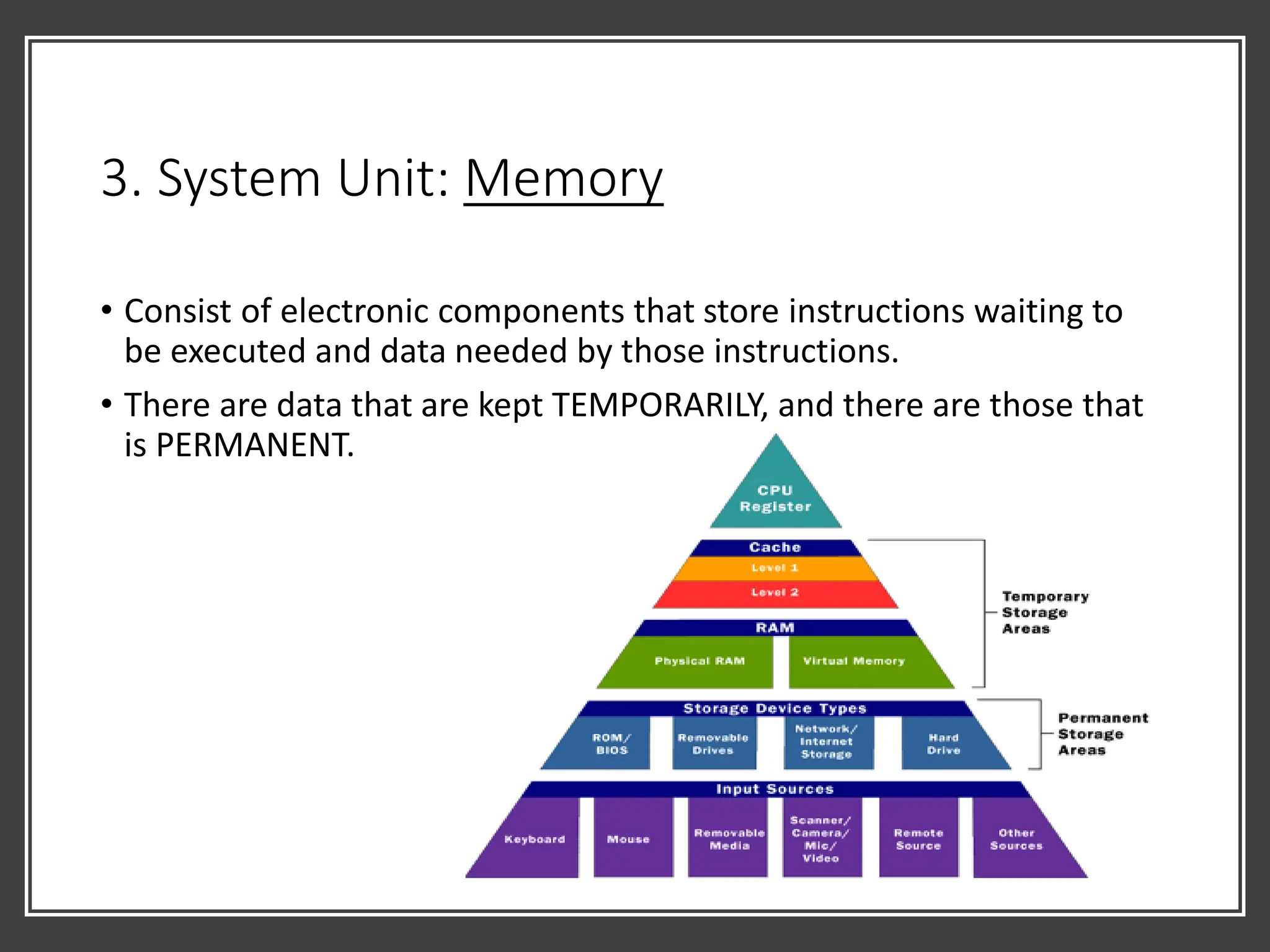 3. System Unit: Memory
• Consist of electronic components that store instructions waiting to
be executed and data needed by those instructions.
• There are data that are kept TEMPORARILY, and there are those that
is PERMANENT.
 