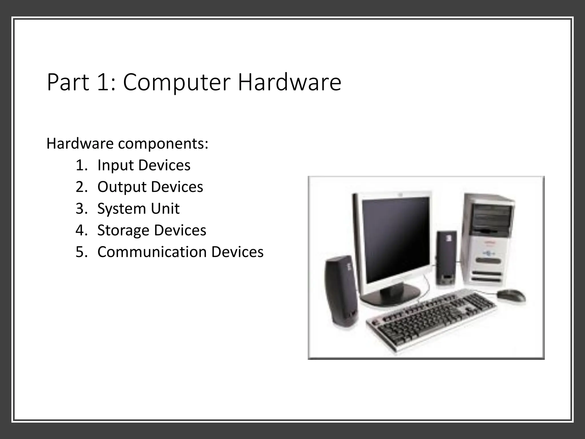 Part 1: Computer Hardware
Hardware components:
1. Input Devices
2. Output Devices
3. System Unit
4. Storage Devices
5. Communication Devices
 