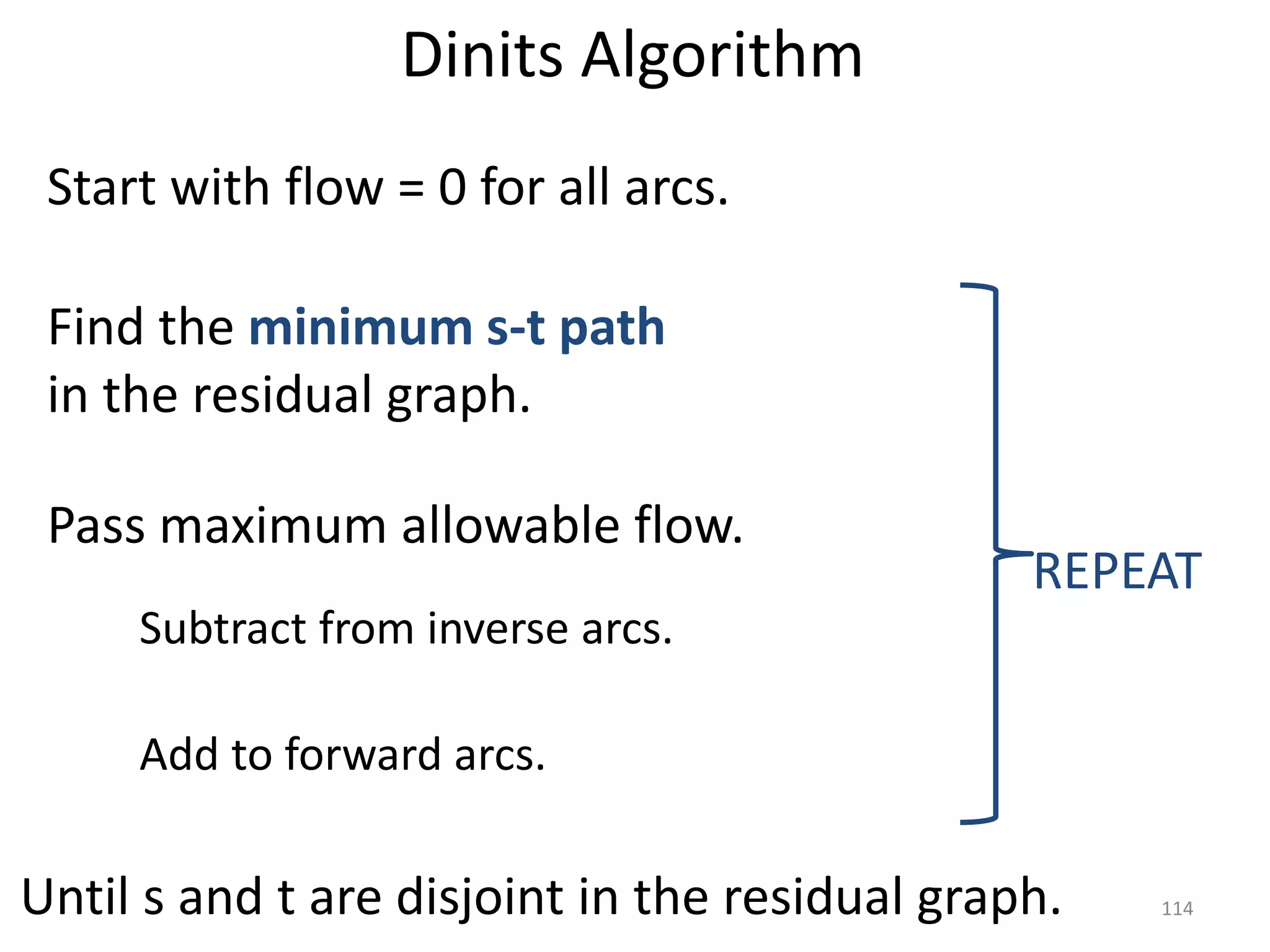 Dinits Algorithm
Start with flow = 0 for all arcs.
Find the minimum s-t path
in the residual graph.
Pass maximum allowable flow.
Subtract from inverse arcs.
Add to forward arcs.
REPEAT
Until s and t are disjoint in the residual graph. 114
 