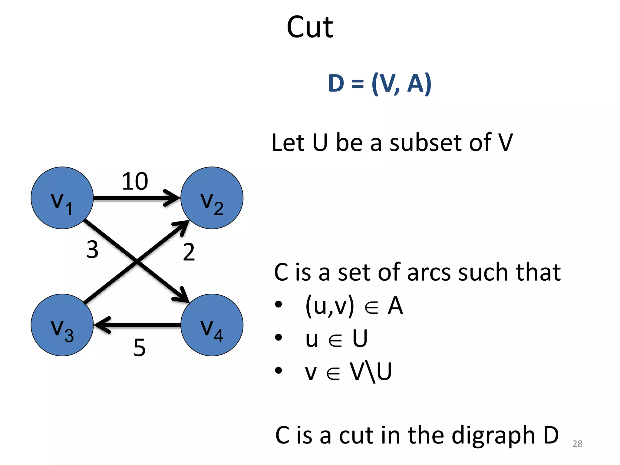 Cut
v1 v2
v3 v4
10
5
3 2
Let U be a subset of V
C is a set of arcs such that
• (u,v)  A
• u  U
• v  VU
D = (V, A)
C is a cut in the digraph D 28
 