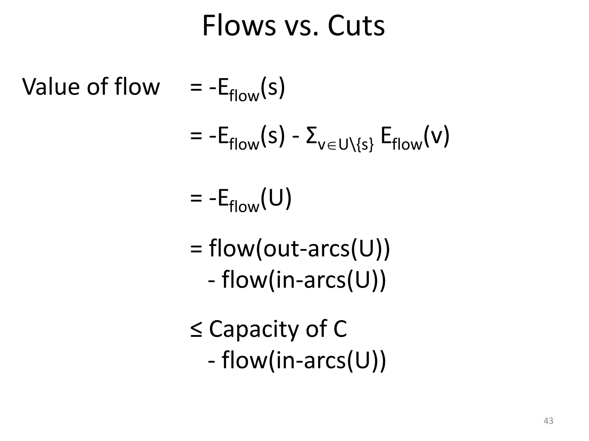 Flows vs. Cuts
Value of flow
= -Eflow(s) - ΣvU{s} Eflow(v)
= -Eflow(s)
= -Eflow(U)
= flow(out-arcs(U))
- flow(in-arcs(U))
≤ Capacity of C
- flow(in-arcs(U))
43
 