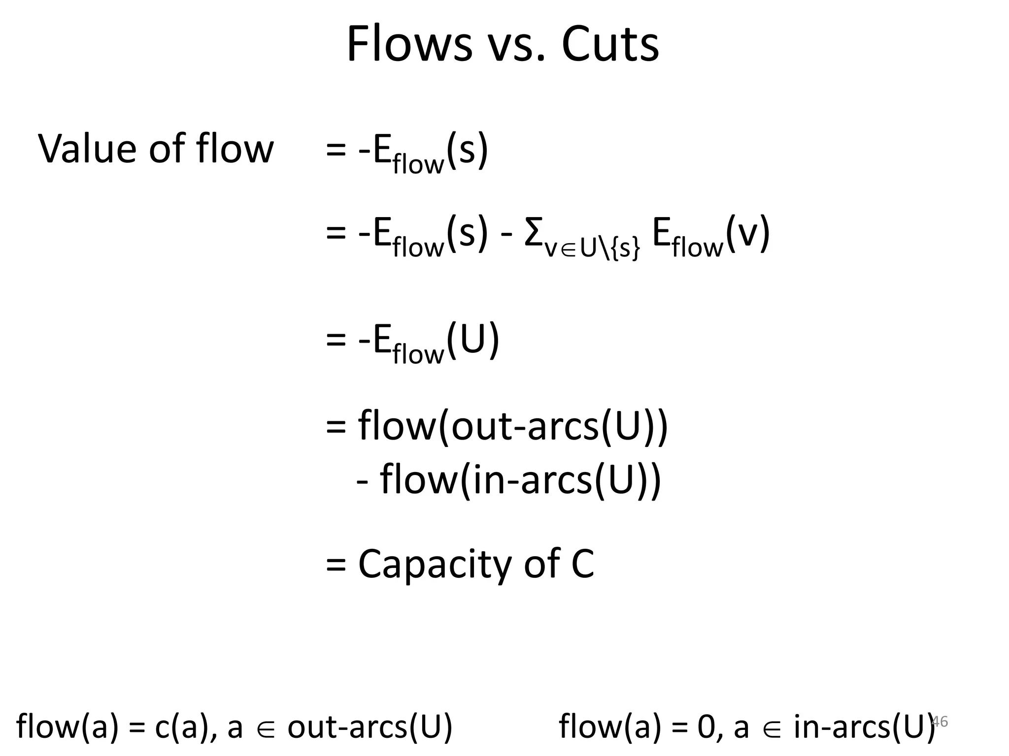 Flows vs. Cuts
Value of flow
= -Eflow(s) - ΣvU{s} Eflow(v)
= -Eflow(s)
= -Eflow(U)
= flow(out-arcs(U))
- flow(in-arcs(U))
= Capacity of C
flow(a) = c(a), a  out-arcs(U) flow(a) = 0, a  in-arcs(U)46
 