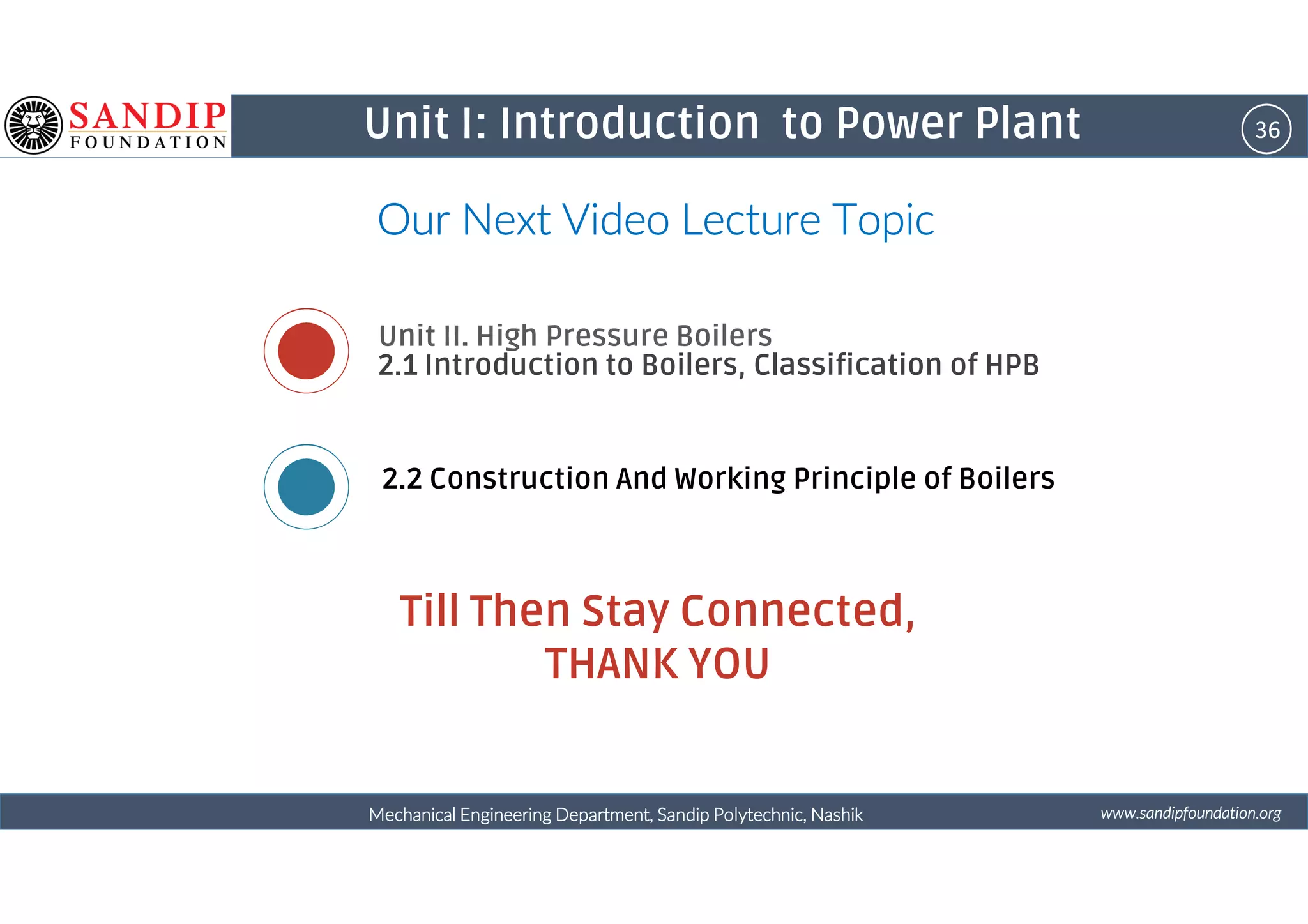 36Unit I: Introduction to Power Plant
Our Next Video Lecture TopicOur Next Video Lecture TopicOur Next Video Lecture TopicOur Next Video Lecture Topic
Unit II. High Pressure Boilers
2.1 Introduction to Boilers, Classification of HPB
wwwwwwwwwwww....ssssaaaannnnddddiiiippppffffoooouuuunnnnddddaaaattttiiiioooonnnn....oooorrrrggggMechanical Engineering Department, Sandip Polytechnic, NashikMechanical Engineering Department, Sandip Polytechnic, NashikMechanical Engineering Department, Sandip Polytechnic, NashikMechanical Engineering Department, Sandip Polytechnic, Nashik
2.2 Construction And Working Principle of Boilers
Till Then Stay Connected,
THANK YOU
 