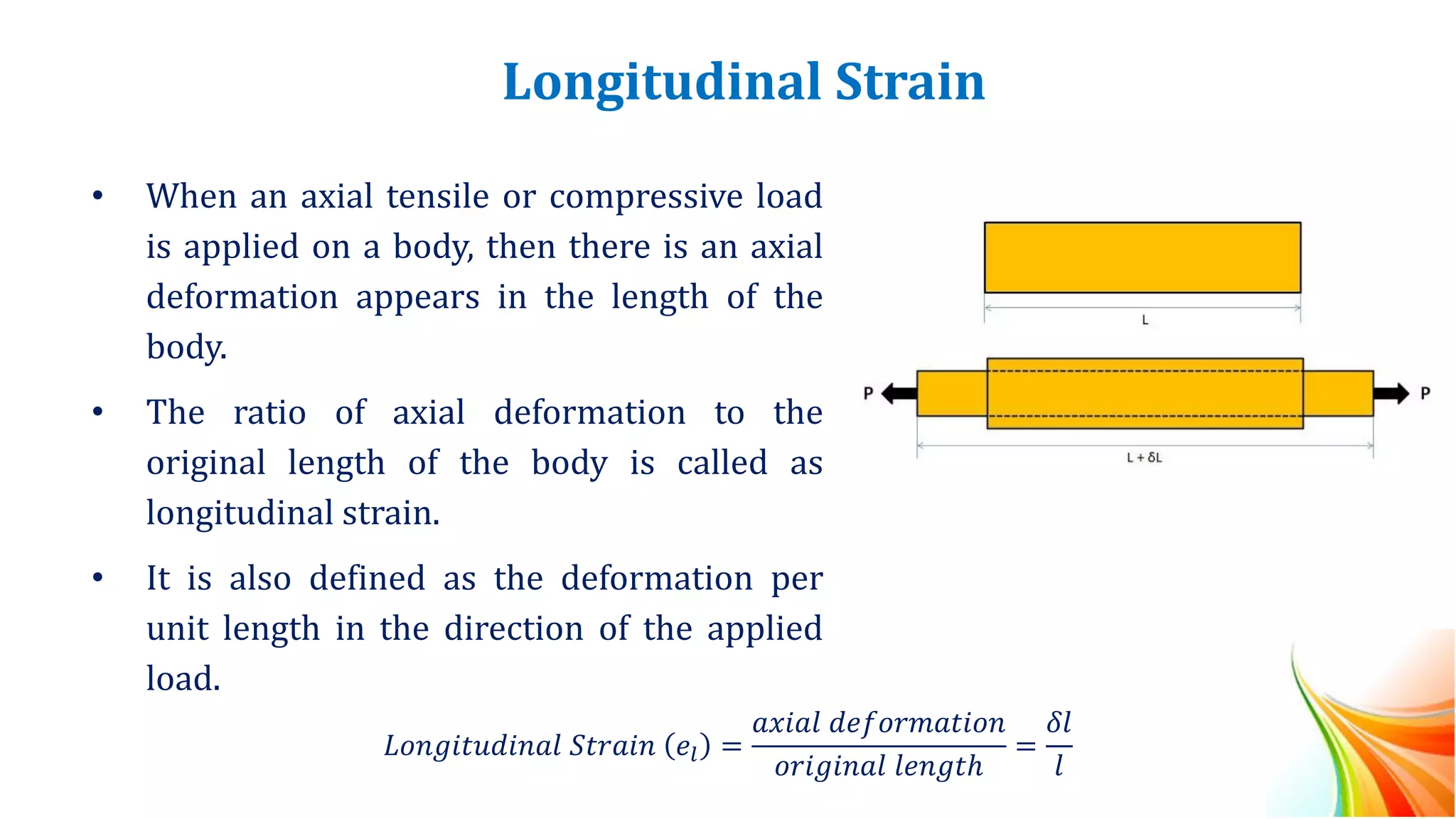 Longitudinal Strain
• When an axial tensile or compressive load
is applied on a body, then there is an axial
deformation appears in the length of the
body.
• The ratio of axial deformation to the
original length of the body is called as
longitudinal strain.
• It is also defined as the deformation per
unit length in the direction of the applied
load.
𝐿𝑜𝑛𝑔𝑖𝑡𝑢𝑑𝑖𝑛𝑎𝑙 𝑆𝑡𝑟𝑎𝑖𝑛 𝑒𝑙 =
𝑎𝑥𝑖𝑎𝑙 𝑑𝑒𝑓𝑜𝑟𝑚𝑎𝑡𝑖𝑜𝑛
𝑜𝑟𝑖𝑔𝑖𝑛𝑎𝑙 𝑙𝑒𝑛𝑔𝑡ℎ
=
𝛿𝑙
𝑙
 