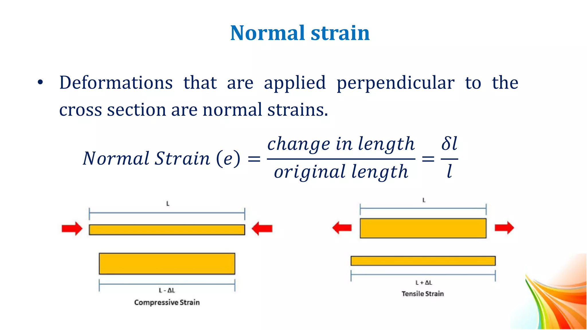 Normal strain
• Deformations that are applied perpendicular to the
cross section are normal strains.
𝑁𝑜𝑟𝑚𝑎𝑙 𝑆𝑡𝑟𝑎𝑖𝑛 𝑒 =
𝑐ℎ𝑎𝑛𝑔𝑒 𝑖𝑛 𝑙𝑒𝑛𝑔𝑡ℎ
𝑜𝑟𝑖𝑔𝑖𝑛𝑎𝑙 𝑙𝑒𝑛𝑔𝑡ℎ
=
𝛿𝑙
𝑙
 