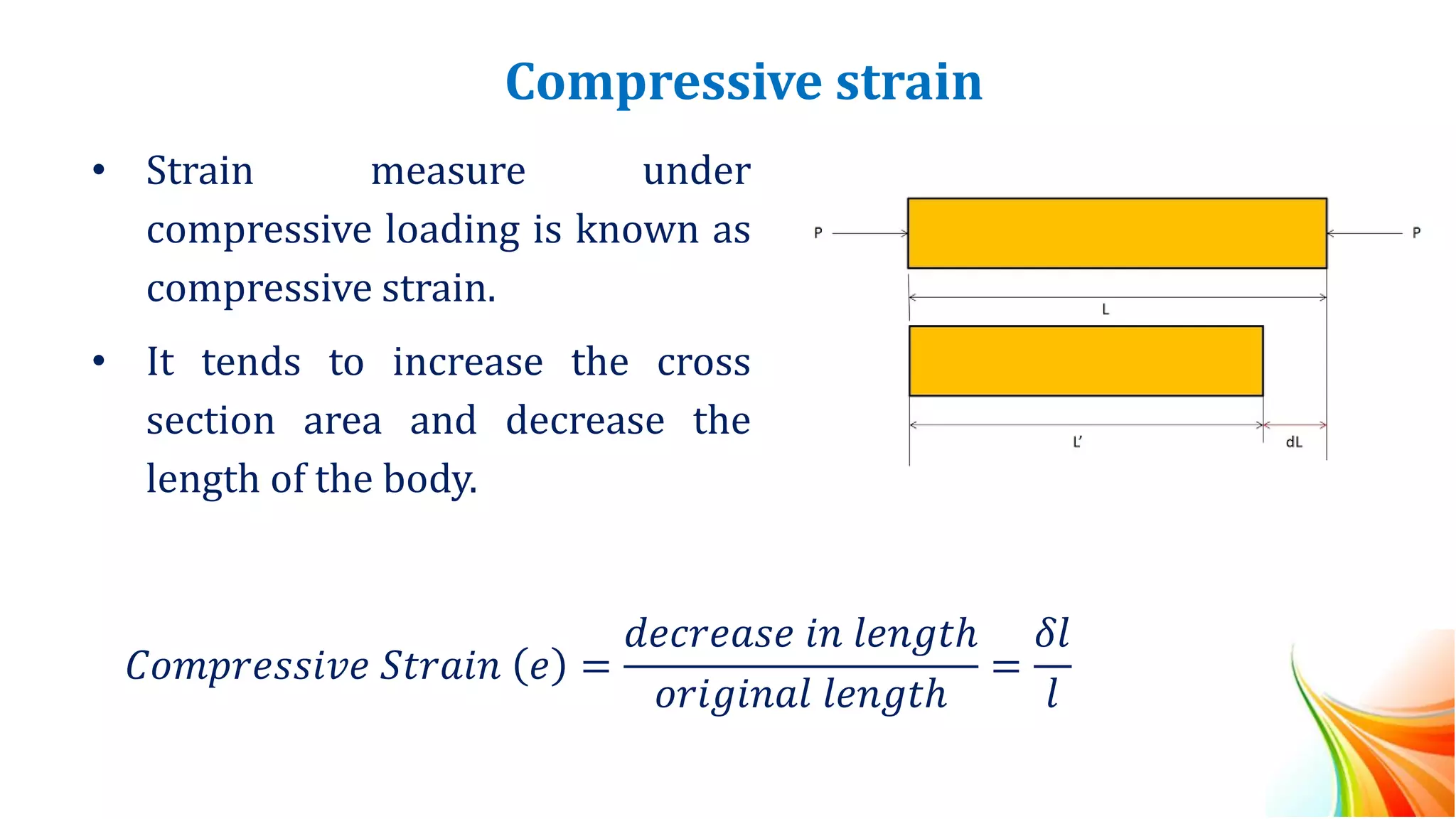 Compressive strain
• Strain measure under
compressive loading is known as
compressive strain.
• It tends to increase the cross
section area and decrease the
length of the body.
𝐶𝑜𝑚𝑝𝑟𝑒𝑠𝑠𝑖𝑣𝑒 𝑆𝑡𝑟𝑎𝑖𝑛 𝑒 =
𝑑𝑒𝑐𝑟𝑒𝑎𝑠𝑒 𝑖𝑛 𝑙𝑒𝑛𝑔𝑡ℎ
𝑜𝑟𝑖𝑔𝑖𝑛𝑎𝑙 𝑙𝑒𝑛𝑔𝑡ℎ
=
𝛿𝑙
𝑙
 