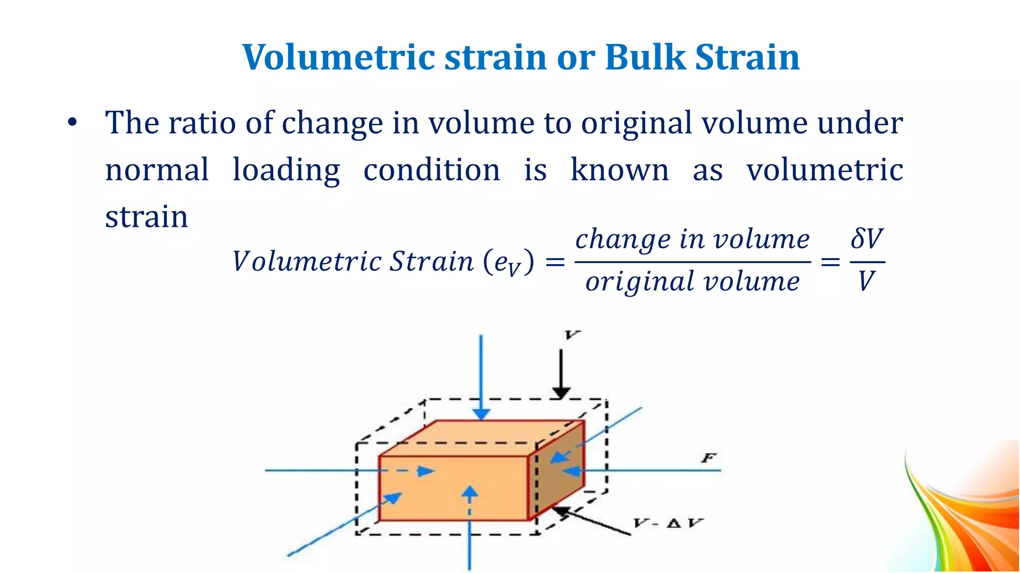 Volumetric strain or Bulk Strain
• The ratio of change in volume to original volume under
normal loading condition is known as volumetric
strain
𝑉𝑜𝑙𝑢𝑚𝑒𝑡𝑟𝑖𝑐 𝑆𝑡𝑟𝑎𝑖𝑛 𝑒𝑉 =
𝑐ℎ𝑎𝑛𝑔𝑒 𝑖𝑛 𝑣𝑜𝑙𝑢𝑚𝑒
𝑜𝑟𝑖𝑔𝑖𝑛𝑎𝑙 𝑣𝑜𝑙𝑢𝑚𝑒
=
𝛿𝑉
𝑉
 