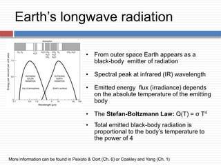 Earth’s longwave radiation
• From outer space Earth appears as a
black-body emitter of radiation
• Spectral peak at infrared (IR) wavelength
• Emitted energy flux (irradiance) depends
on the absolute temperature of the emitting
body
• The Stefan-Boltzmann Law: Q(T) = σ T4
• Total emitted black-body radiation is
proportional to the body’s temperature to
the power of 4
More information can be found in Peixoto & Oort (Ch. 6) or Coakley and Yang (Ch. 1)
 
