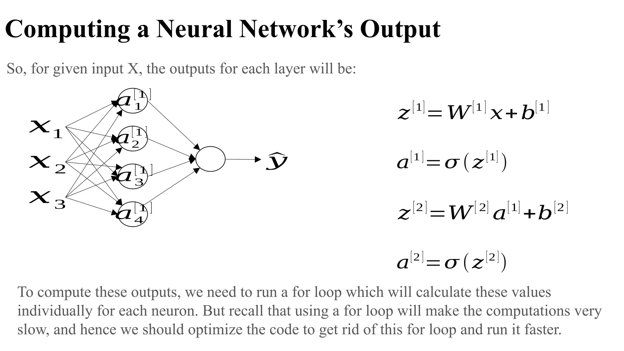 Computing a Neural Network’s Output
𝑧[1]
=𝑊[1 ]
𝑥+𝑏[1 ]
𝑎[1 ]
=𝜎 (𝑧[1]
)
𝑧[2 ]
=𝑊[ 2]
𝑎[1]
+𝑏[2 ]
𝑎[2 ]
=𝜎 (𝑧[2 ]
)
𝑥1
𝑥2
𝑥3
^
𝑦
𝑎1
[1 ]
𝑎2
[1 ]
𝑎3
[1 ]
𝑎4
[1 ]
So, for given input X, the outputs for each layer will be:
To compute these outputs, we need to run a for loop which will calculate these values
individually for each neuron. But recall that using a for loop will make the computations very
slow, and hence we should optimize the code to get rid of this for loop and run it faster.
 