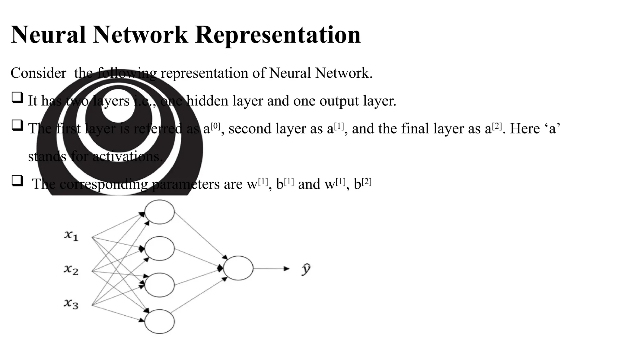 deeplearning.ai
Neural Network Representation
Consider the following representation of Neural Network.
 It has two layers i.e., one hidden layer and one output layer.
 The first layer is referred as a[0]
, second layer as a[1]
, and the final layer as a[2]
. Here ‘a’
stands for activations.
 The corresponding parameters are w[1]
, b[1]
and w[1]
, b[2]
 
