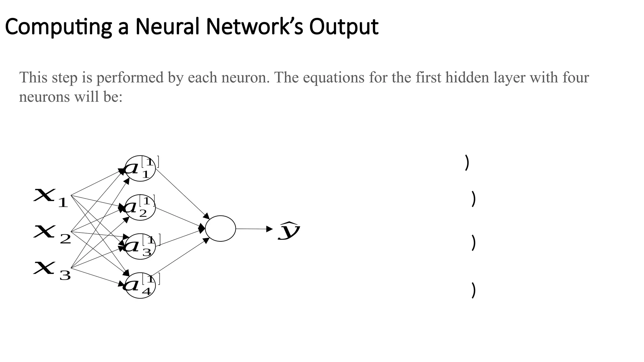 Computing a Neural Network’s Output
𝑥1
𝑥2
𝑥3
^
𝑦
𝑎1
[1 ]
𝑎2
[1 ]
𝑎3
[1 ]
𝑎4
[1 ]
)
)
)
)
This step is performed by each neuron. The equations for the first hidden layer with four
neurons will be:
 