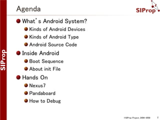 Agenda
What’s Android System?
Kinds of Android Devices
Kinds of Android Type
Android Source Code

Inside Android
Boot Sequence
About init File

Hands On
Nexus7
Pandaboard
How to Debug
©SIProp Project, 2006-2008

2

 