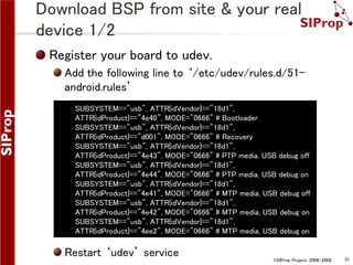 Download BSP from site & your real
device 1/2
Register your board to udev.
Add the following line to ‘/etc/udev/rules.d/51android.rules’
SUBSYSTEM=="usb", ATTR{idVendor}=="18d1",
ATTR{idProduct}=="4e40", MODE="0666" # Bootloader
SUBSYSTEM=="usb", ATTR{idVendor}=="18d1",
ATTR{idProduct}=="d001", MODE="0666" # Recovery
SUBSYSTEM=="usb", ATTR{idVendor}=="18d1",
ATTR{idProduct}=="4e43", MODE="0666" # PTP media, USB debug off
SUBSYSTEM=="usb", ATTR{idVendor}=="18d1",
ATTR{idProduct}=="4e44", MODE="0666" # PTP media, USB debug on
SUBSYSTEM=="usb", ATTR{idVendor}=="18d1",
ATTR{idProduct}=="4e41", MODE="0666" # MTP media, USB debug off
SUBSYSTEM=="usb", ATTR{idVendor}=="18d1",
ATTR{idProduct}=="4e42", MODE="0666" # MTP media, USB debug on
SUBSYSTEM=="usb", ATTR{idVendor}=="18d1",
ATTR{idProduct}=="4ee2", MODE="0666" # MTP media, USB debug on

Restart ‘udev’ service

©SIProp Project, 2006-2008

31

 