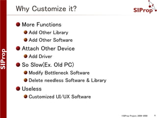 Why Customize it?
More Functions
Add Other Library
Add Other Software

Attach Other Device
Add Driver

So Slow(Ex. Old PC)
Modify Bottleneck Software
Delete needless Software & Library

Useless
Customized UI/UX Software

©SIProp Project, 2006-2008

4

 