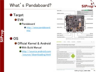 What’s Pandaboard?
Target
EVB
Pandaboard
http://www.pandaboard.
org/

OS
Official Kernel & Android
With Build Manual
http://source.android.com
/source/downloading.html

©SIProp Project, 2006-2008

44

 