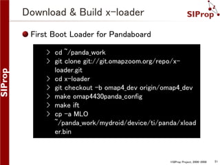 Download & Build x-loader
First Boot Loader for Pandaboard
› cd ~/panda_work
› git clone git://git.omapzoom.org/repo/xloader.git
› cd x-loader
› git checkout -b omap4_dev origin/omap4_dev
› make omap4430panda_config
› make ift
› cp -a MLO
~/panda_work/mydroid/device/ti/panda/xload
er.bin

©SIProp Project, 2006-2008

51

 