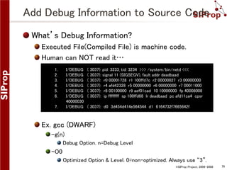 Add Debug Information to Source Code
What’s Debug Information?
Executed File(Compiled File) is machine code.
Human can NOT read it…
1.
2.
3.
4.
5.
6.

I/DEBUG
I/DEBUG
I/DEBUG
I/DEBUG
I/DEBUG
I/DEBUG
40000030
I/DEBUG

7.

( 3037): pid: 3233, tid: 3234 >>> /system/bin/netd <<<
( 3037): signal 11 (SIGSEGV), fault addr deadbaad
( 3037): r0 00001728 r1 100ffd7c r2 00000027 r3 00000000
( 3037): r4 afd42328 r5 00000000 r6 00000000 r7 00011000
( 3037): r8 00100000 r9 aef01cad 10 10000000 fp 40008008
( 3037): ip ffffffff sp 100ffd68 lr deadbaad pc afd11ca4 cpsr
( 3037): d0 3d454d414e564544 d1 6164732f7665642f

Ex. gcc (DWARF)
-g(n)
Debug Option. n=Debug Level

–O0
Optimized Option & Level. 0=non-optimized. Always use “3”.
©SIProp Project, 2006-2008

79

 