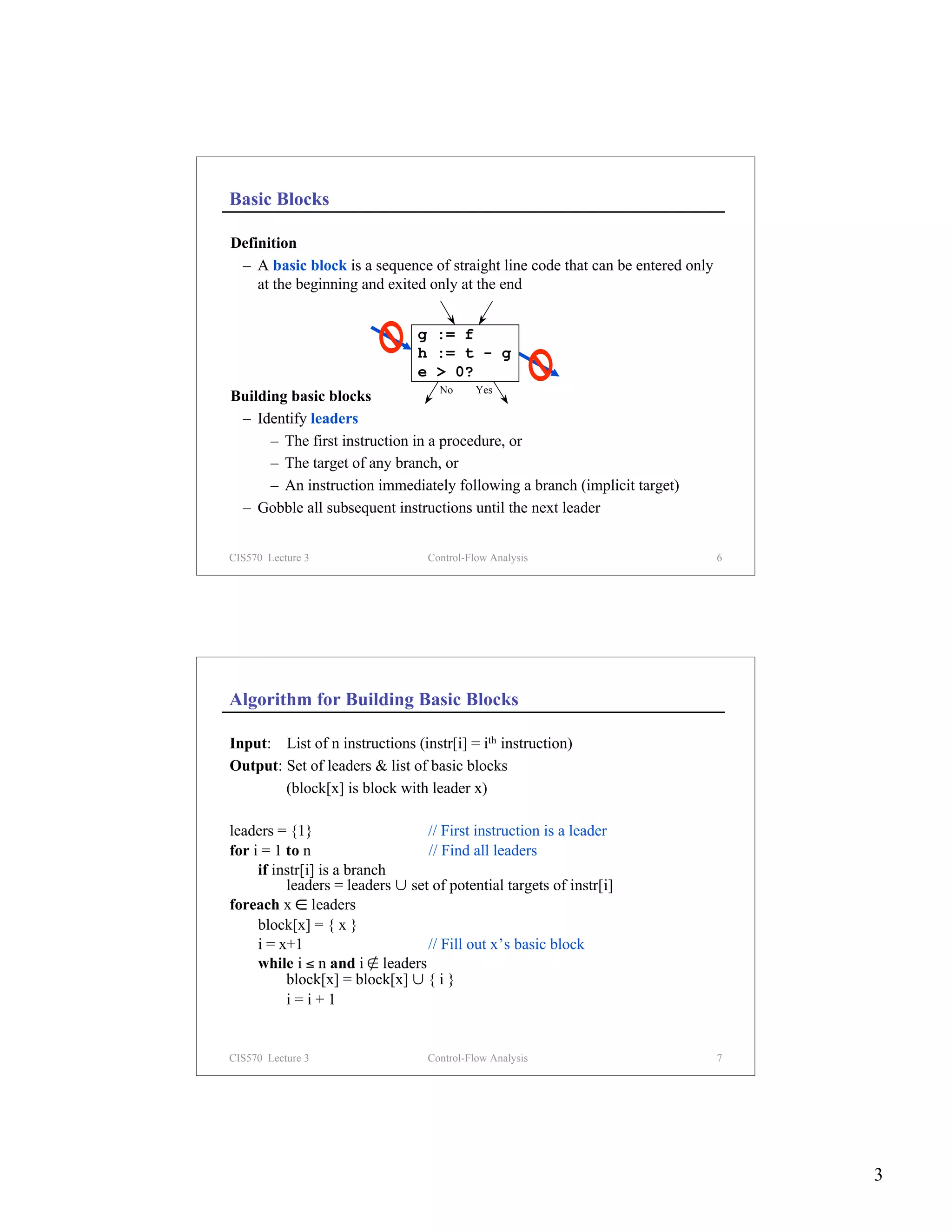 Basic Blocks

Definition
 – A basic block is a sequence of straight line code that can be entered only
    at the beginning and exited only at the end


                                g := f
                                h := t - g
                                e > 0?
                                   No   Yes
Building basic blocks
 – Identify leaders
      – The first instruction in a procedure, or
      – The target of any branch, or
      – An instruction immediately following a branch (implicit target)
 – Gobble all subsequent instructions until the next leader


CIS570 Lecture 3                  Control-Flow Analysis                         6




Algorithm for Building Basic Blocks

Input: List of n instructions (instr[i] = ith instruction)
Output: Set of leaders & list of basic blocks
        (block[x] is block with leader x)

leaders = {1}                    // First instruction is a leader
for i = 1 to n                   // Find all leaders
     if instr[i] is a branch
          leaders = leaders ∪ set of potential targets of instr[i]
foreach x ∈ leaders
     block[x] = { x }
     i = x+1                     // Fill out x’s basic block
     while i ≤ n and i ∉ leaders
          block[x] = block[x] ∪ { i }
          i=i+1


CIS570 Lecture 3                  Control-Flow Analysis                         7




                                                                                    3
 