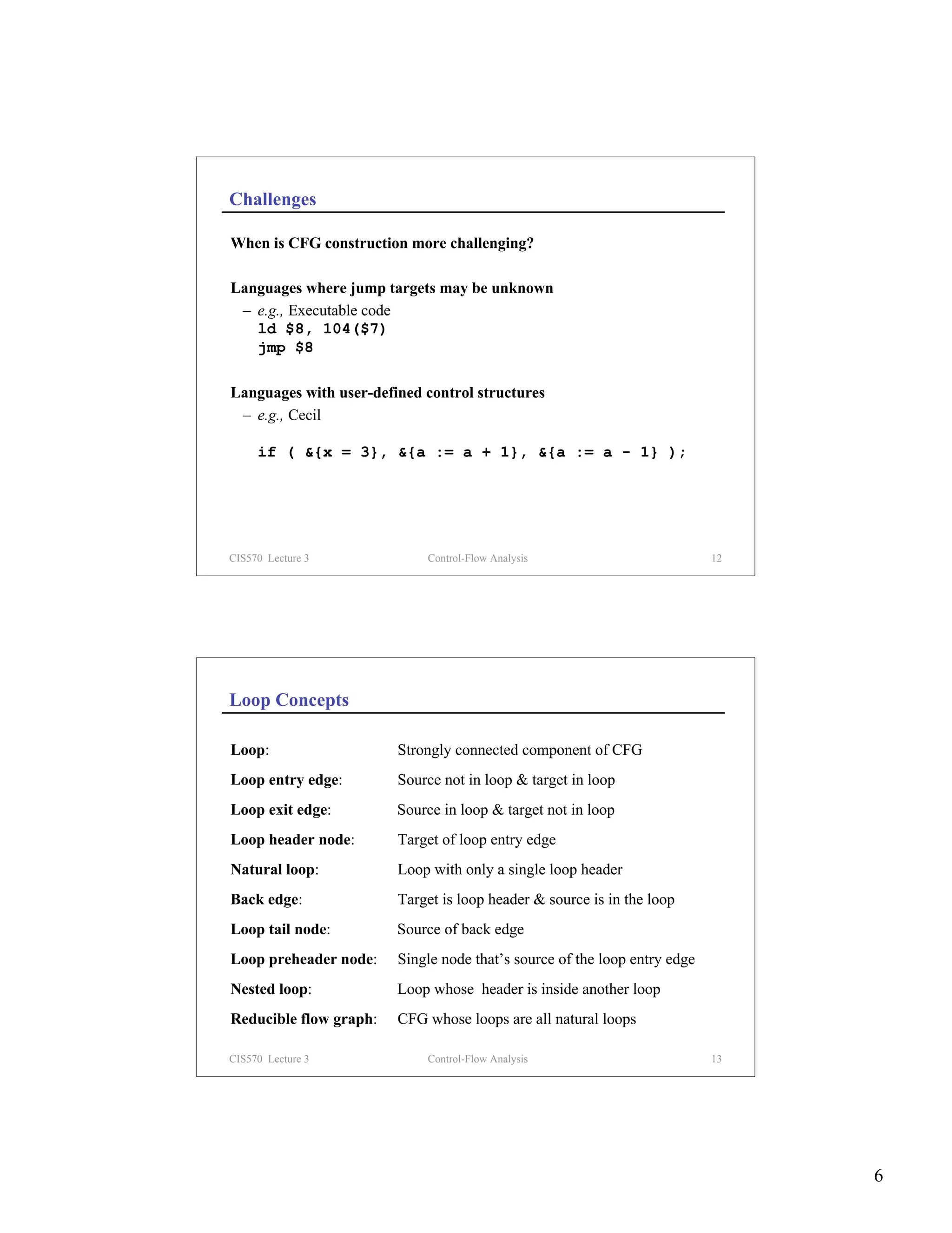 Challenges

When is CFG construction more challenging?

Languages where jump targets may be unknown
 – e.g., Executable code
   ld $8, 104($7)
   jmp $8

Languages with user-defined control structures
 – e.g., Cecil

     if ( &{x = 3}, &{a := a + 1}, &{a := a - 1} );




CIS570 Lecture 3            Control-Flow Analysis                          12




Loop Concepts

Loop:                   Strongly connected component of CFG
Loop entry edge:        Source not in loop & target in loop
Loop exit edge:         Source in loop & target not in loop
Loop header node:       Target of loop entry edge
Natural loop:           Loop with only a single loop header
Back edge:              Target is loop header & source is in the loop
Loop tail node:         Source of back edge
Loop preheader node:    Single node that’s source of the loop entry edge
Nested loop:            Loop whose header is inside another loop
Reducible flow graph:   CFG whose loops are all natural loops

CIS570 Lecture 3            Control-Flow Analysis                          13




                                                                                6
 