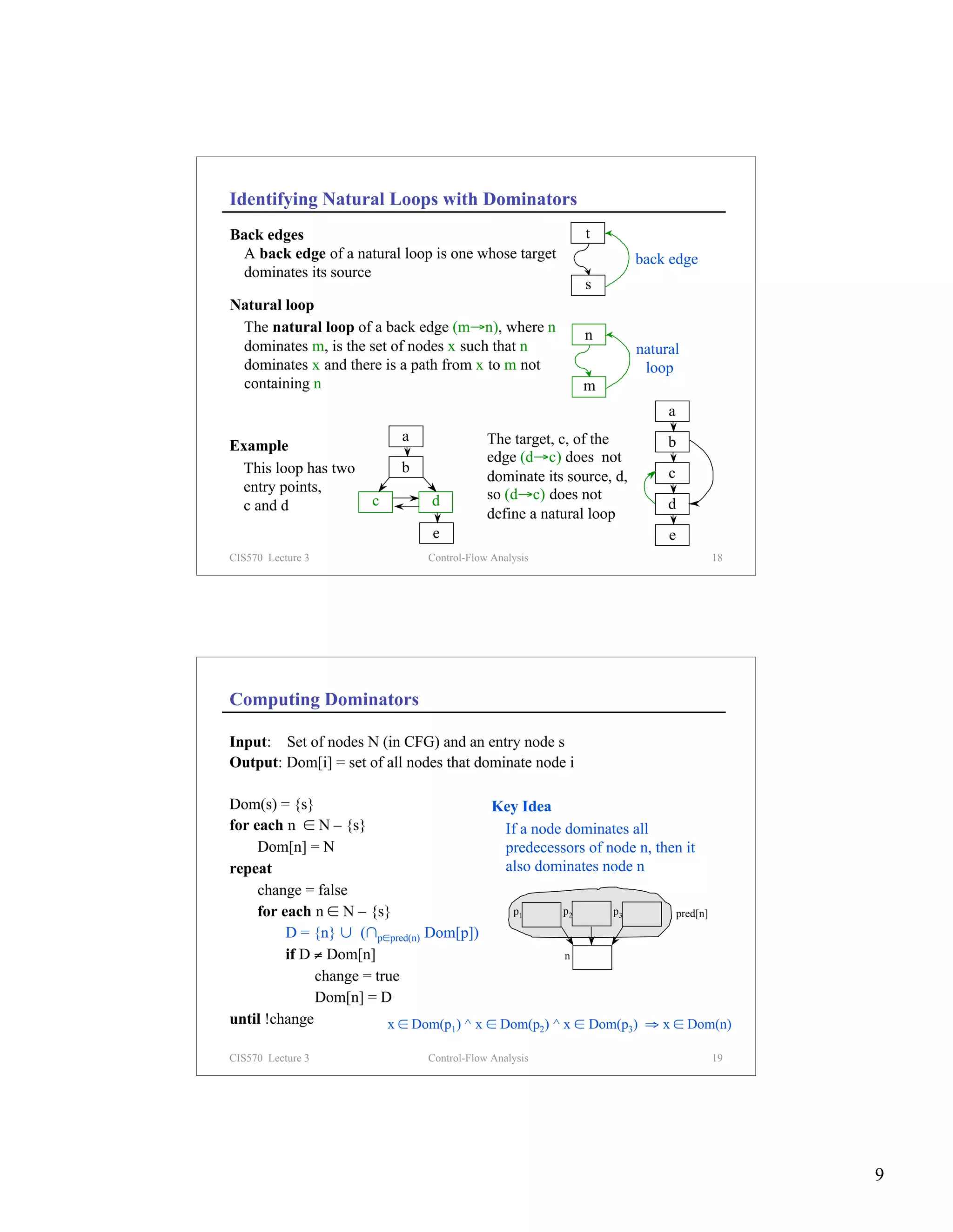 Identifying Natural Loops with Dominators
Back edges                                                 t
 A back edge of a natural loop is one whose target                       back edge
 dominates its source
                                                           s
Natural loop
 The natural loop of a back edge (m→n), where n            n
 dominates m, is the set of nodes x such that n                          natural
 dominates x and there is a path from x to m not                          loop
 containing n                                              m
                                                                              a
                           a               The target, c, of the              b
Example
                                           edge (d→c) does not
 This loop has two         b                                                  c
                                           dominate its source, d,
 entry points,                             so (d→c) does not
 c and d              c        d                                              d
                                           define a natural loop
                               e                                              e
CIS570 Lecture 3               Control-Flow Analysis                                 18




Computing Dominators

Input: Set of nodes N (in CFG) and an entry node s
Output: Dom[i] = set of all nodes that dominate node i

Dom(s) = {s}                               Key Idea
for each n ∈ N – {s}                         If a node dominates all
     Dom[n] = N                              predecessors of node n, then it
repeat                                       also dominates node n
     change = false
     for each n ∈ N – {s}                     p1       p2     p3        pred[n]
          D = {n} ∪ (∩p∈pred(n) Dom[p])
          if D ≠ Dom[n]                                n
               change = true
               Dom[n] = D
until !change             x ∈ Dom(p ) ^ x ∈ Dom(p ) ^ x ∈ Dom(p ) ⇒ x ∈ Dom(n)
                                   1                   2             3


CIS570 Lecture 3               Control-Flow Analysis                                 19




                                                                                          9
 