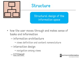 Structure

                       Structural design of the
                          information space


• how the user moves through and makes sense of
  tasks and information
   – information architecture
     • views definition and content nomenclature
  – interaction design
     • navigation among views
  – SITEMAP
 