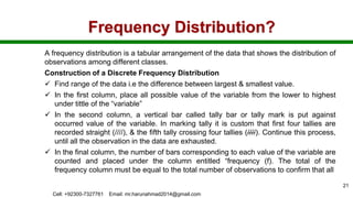Frequency Distribution?
A frequency distribution is a tabular arrangement of the data that shows the distribution of
observations among different classes.
Construction of a Discrete Frequency Distribution
 Find range of the data i.e the difference between largest & smallest value.
 In the first column, place all possible value of the variable from the lower to highest
under tittle of the “variable”
 In the second column, a vertical bar called tally bar or tally mark is put against
occurred value of the variable. In marking tally it is custom that first four tallies are
recorded straight (////), & the fifth tally crossing four tallies (////). Continue this process,
until all the observation in the data are exhausted.
 In the final column, the number of bars corresponding to each value of the variable are
counted and placed under the column entitled “frequency (f). The total of the
frequency column must be equal to the total number of observations to confirm that all
Cell: +92300-7327761 Email: mr.harunahmad2014@gmail.com
21
 