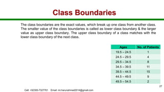 Class Boundaries
The class boundaries are the exact values, which break up one class from another class.
The smaller value of the class boundaries is called as lower class boundary & the larger
value as upper class boundary. The upper class boundary of a class matches with the
lower class boundary of the next class.
Cell: +92300-7327761 Email: mr.harunahmad2014@gmail.com
27
Ages No. of Patients
19.5 – 24.5 1
24.5 – 29.5 4
29.5 – 34.5 8
34.5 – 39.5 11
39.5 – 44.5 15
44.5 – 49.5 9
49.5 – 54.5 2
 