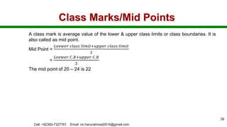 Class Marks/Mid Points
A class mark is average value of the lower & upper class limits or class boundaries. It is
also called as mid point.
Mid Point =
𝐿𝑜𝑣𝑤𝑒𝑟 𝑐𝑙𝑎𝑠𝑠 𝑙𝑖𝑚𝑖𝑡+𝑢𝑝𝑝𝑒𝑟 𝑐𝑙𝑎𝑠𝑠 𝑙𝑖𝑚𝑖𝑡
2
=
𝐿𝑜𝑣𝑤𝑒𝑟 𝐶.𝐵+𝑢𝑝𝑝𝑒𝑟 𝐶.𝐵
2
The mid point of 20 – 24 is 22
Cell: +92300-7327761 Email: mr.harunahmad2014@gmail.com
28
 