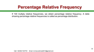 Percentage Relative Frequency
If 100 multiply relative frequencies, we obtain percentage relative frequency. A table
showing percentage relative frequencies is called as percentage distribution.
Cell: +92300-7327761 Email: mr.harunahmad2014@gmail.com
32
 